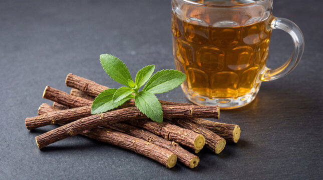 Licorice root sticks with green leaves and a cup of tea on a dark surface