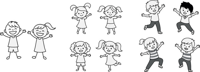 Obraz premium Happy Kids Cartoon Character Set with Jumping Dancing Children Cute Playful Boys and Girls Outline Illustration Collection for Fun Activity Designs