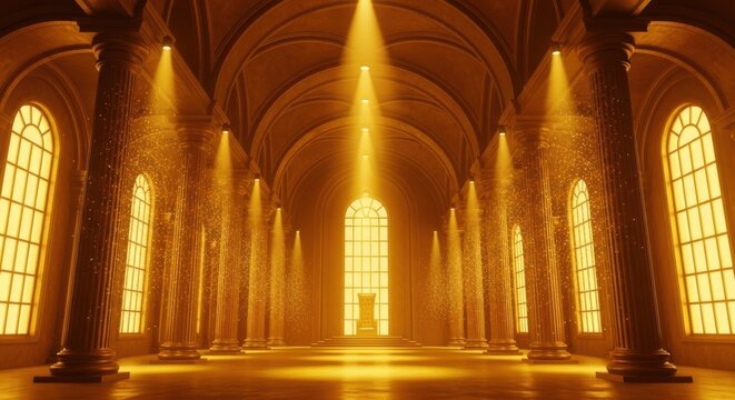 A large room with tall windows and a vaulted ceiling