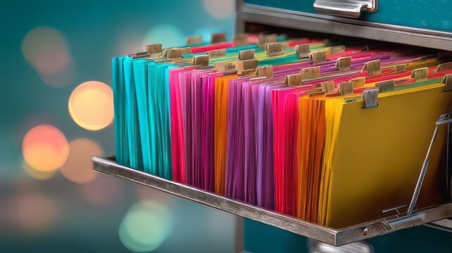 Collection of colorful hanging file folders organized in a filing cabinet, document management and organization.&nbsp;Case folder, archive filing cabinet on blur background. 