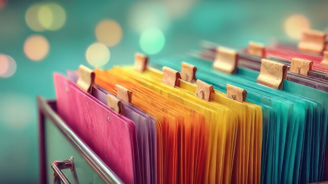 Collection of colorful hanging file folders organized in a filing cabinet, document management and organization.&nbsp;Case folder, archive filing cabinet on blur background. 