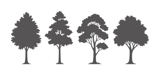 Four dark grey tree silhouettes with varied foliage and trunks © Fahim