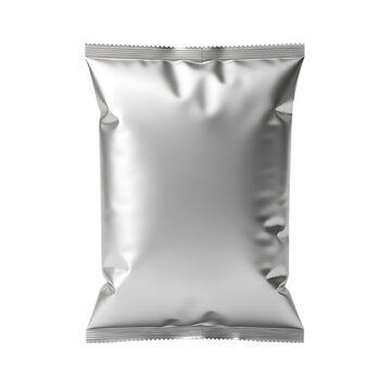 Blank silver metallic foil snack bag mockup for potato chips or snacks packaging design isolated on transparent background