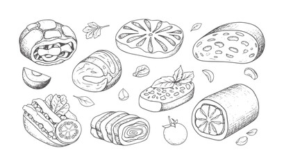Obraz premium Hand drawn of various food and ingredients bread tomato basil