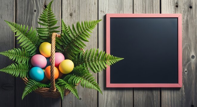 Festive easter decor chalkboard with easter eggs ferns spring holiday greeting