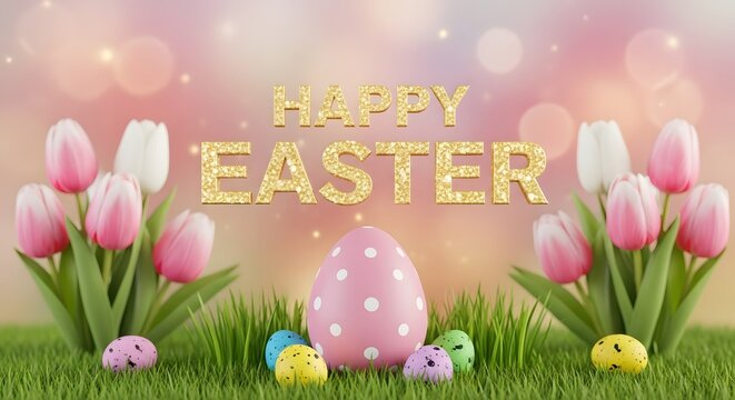 Happy easter vibrant spring scene with tulips and eggs festive easter celebration