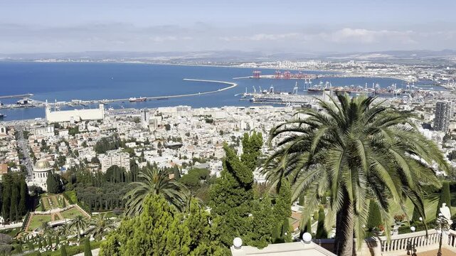 Haifa, Israel, April 3, 2026. Scenic panorama from Louis Promenade featuring the Bah&aacute;&rsquo;&iacute; Gardens and Shrine of the B&aacute;b, landscaped terraces, the historic German Colony at the foot of the hill, and the 