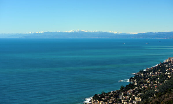 Panorama of the Ligurian coast between Bogliasco and Genoa, Italy