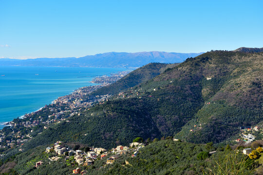 Panorama of the Ligurian coast between Nervi and Genoa, Italy