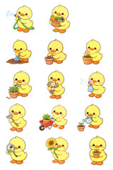 Fototapeta premium Kawaii Duck Gardener Clipart Set, Cute Baby Duck Characters Watering Plants, Planting Flowers and Gardening Activities, Cartoon Animal Illustration Collection for Kids, Nursery Design,