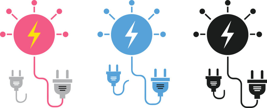 Electric plug connection icon set power cable energy network electricity supply symbol flat colorful technology vector illustration collection