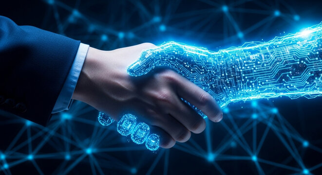 Business handshake with digital network connection