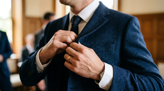 Male groom adjusting blue suit jacket with white shirt and tie, preparing for luxury wedding ceremony in elegant indoor setting with wooden paneling