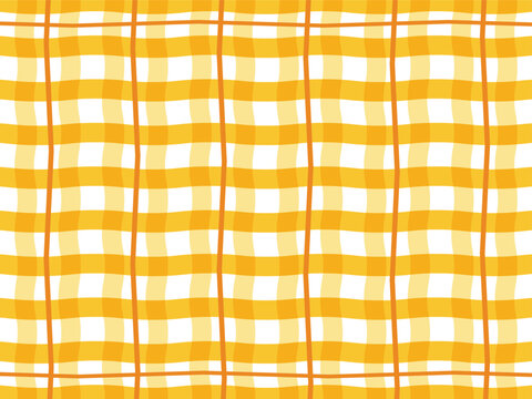 Seamless yellow gingham pattern with hand drawn wavy lines