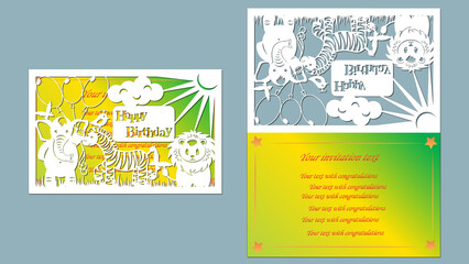Naklejka premium Text - happy birthday. vector, laser-beam cutting, animals, elephant, lion, bird, zebra, butterflies, bug, flowers, air balloon. Greeting card.