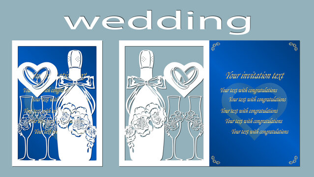 Inscription - wedding. champagne, bottle, wine glass, flowers, Rings, vector, illustration, laser cut, heart, card, template.