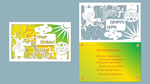 Text - happy birthday. vector, laser-beam cutting, animals, elephant, lion, bird, zebra, butterflies, bug, flowers, air balloon. Greeting card.
