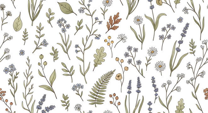 Seamless botanical watercolor pattern with forest leaves ferns lavender small herbs hand painted botanical watercolor seamless lavender woodland