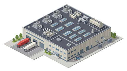 Obraz premium Modern industrial factory building with trucks in a logistics loading bay, viewed from an isometric perspective