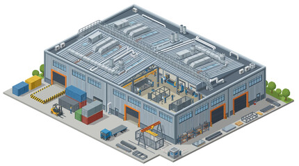Obraz premium Isometric illustration of a large industrial factory building, showcasing internal manufacturing processes, production lines, warehouse storage, and external logistics with heavy machinery