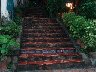 Fototapeta premium 夜の庭に通じる階段