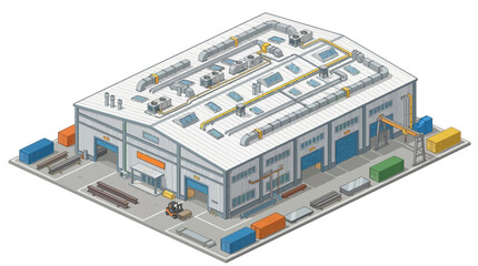 Obraz premium Isometric view of a large industrial warehouse building with loading docks, shipping containers, and a forklift
