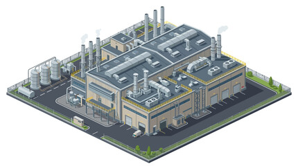 Obraz premium Isometric illustration of a large industrial factory complex with smokestacks emitting smoke, trucks, and storage tanks