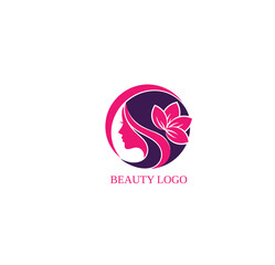 Fototapeta premium Pink Butterfly Beauty Logo with Woman Profile and Flower Petal Hair in Circular Design, Feminine Spa Salon Branding