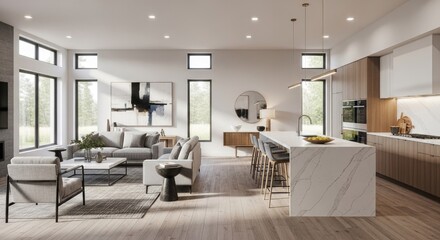 Fototapeta premium Modern living space with kitchen sofa and artistic decor in interior