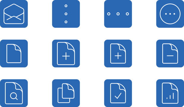 Set of 12 blue interface and file management icons with mail and search.