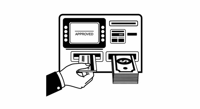 Atm machine with hand inserting card and dispensing cash illustration