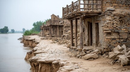 Fototapeta premium Eroded land, damaged homes, turbulent waters after flood, natural disaster scene