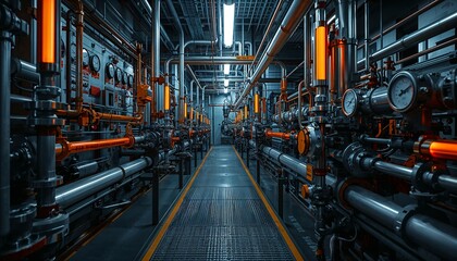 Fototapeta premium High-detail interior of an oil refinery control room. Pipes, valves, and gauges create a complex industrial scene with reflective metal surfaces under realistic lighting.