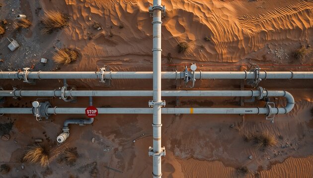 Inactive Oil Field Pipelines in Sandy Desert, Aerial Cinematic Scene