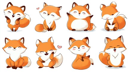 Fototapeta premium Charming collection of hand-drawn orange fox characters in multiple sitting positions, ideal for children's books, educational materials, branding, and social media content. Bright, cheerful,