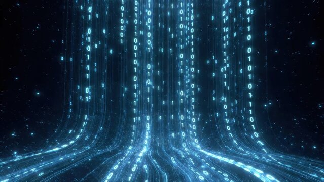 Streams of glowing binary code flow downward in a futuristic digital landscape with dark background and bright luminous elements