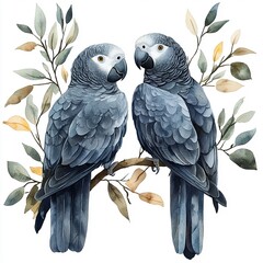 Obraz premium Watercolor painting depicts two African grey parrots perched upon branch amidst lush foliage, showcasing avian beauty.