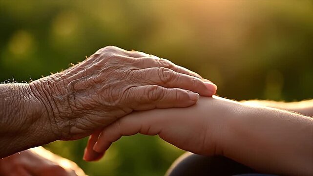 Elderly hand holding young arm in sunlight, family care and intergenerational connection