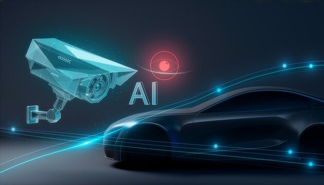 AI surveillance camera monitoring a modern car with smart technology and connected security system. The image uses vibrant blue and red elements