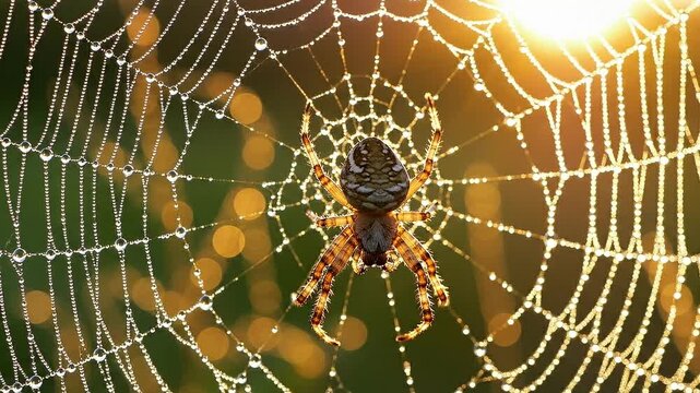 Sunlit spider web with dew drops hanging in early morning light capturing intricate natural patterns