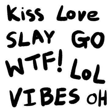 Handwritten Trendy Social Media Slang and Gen Z Catchphrases, Bold Black Ink Lettering Set for Stickers and Digital Crafts