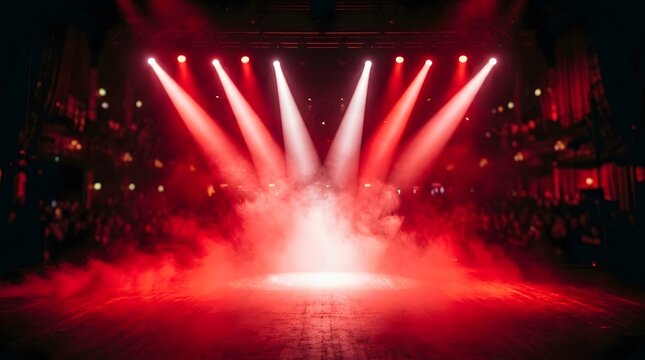 Dramatic stage with red spotlights and smoke effect in theater