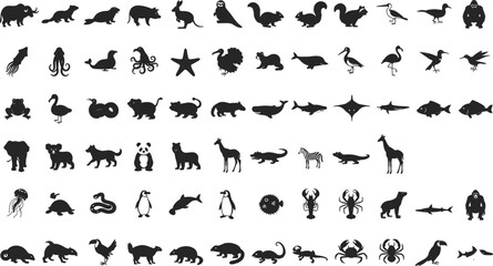 Fototapeta premium Black silhouette animals including mammals, birds, marine life, reptiles, amphibians, diverse wildlife illustration design concept