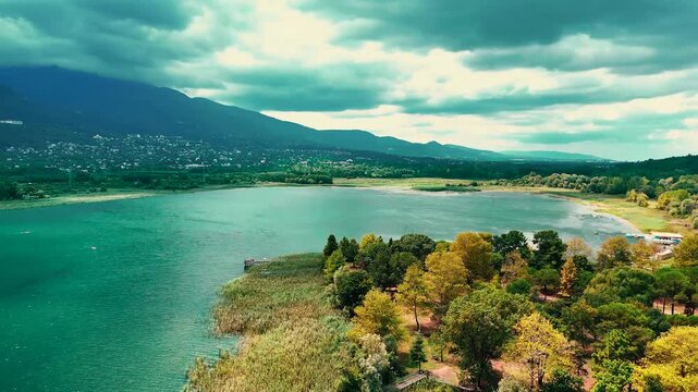 Peaceful and Calm Blue Water Surface of Sapanca Lake Aerial Drone Shot