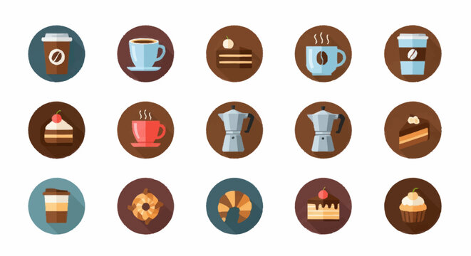 Food icons in brown circles.