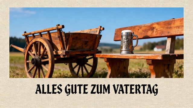 Rustic wooden wagon, bench, and beer stein, countryside scene, Father's Day greeting