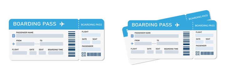Boarding pass vector illustration. Air plane tickets template. Airline flight pass concept. Blue departure document. Blue airplane tickets design. Blank boarding pass template isolated. © Vasyl Yurlov