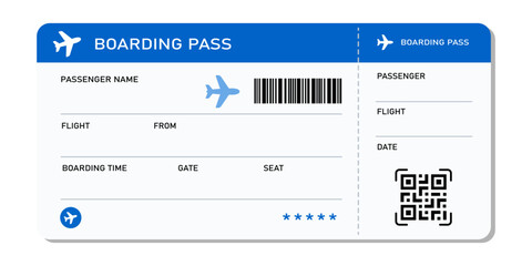 Boarding pass vector illustration. Air plane tickets template. Airline flight pass concept. Blue departure document. Blue airplane tickets design. Blank boarding pass template isolated. © Vasyl Yurlov