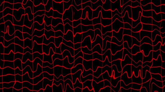 Dynamic abstract red glowing wavy lines digital pattern on black background, animated grid mesh loop, futuristic energy and technology concept motion graphic seamless cyber network data flow