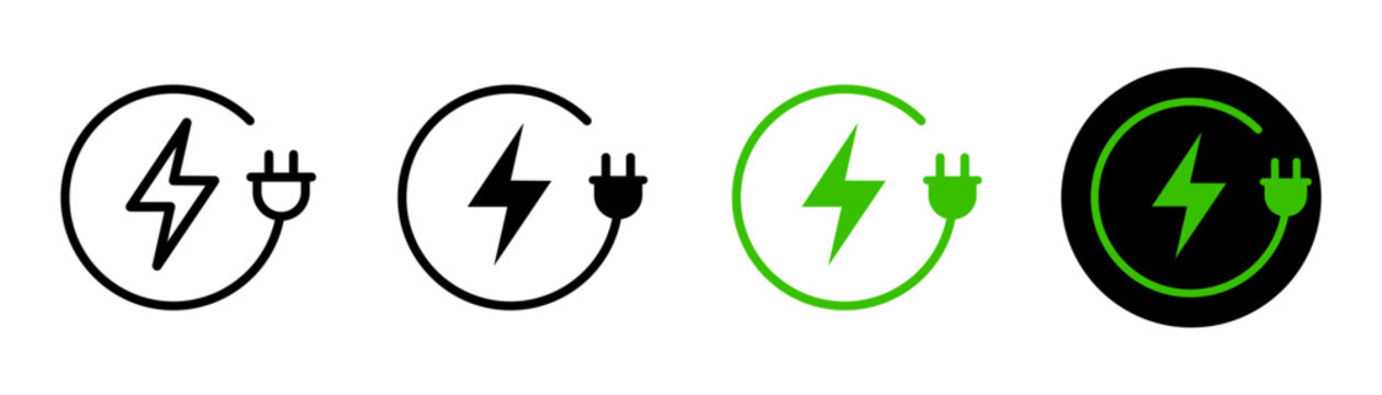 Battery charge icon. Charge indicator symbol. Electric power charging icons set with lightning bolt and plug. symbols indicator. Vector